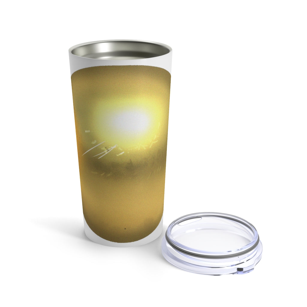 Gold Material Tumbler 20oz made of stainless steel with a see-thru plastic lid, showcasing its sleek design and durable construction.