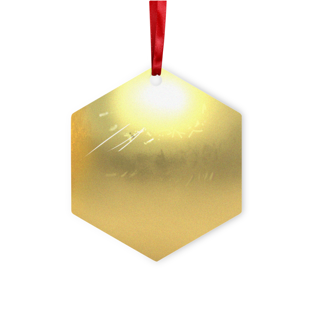 Gold Metal Hanging Ornament in hexagon and star shapes, featuring a glossy white finish and red ribbon for hanging.