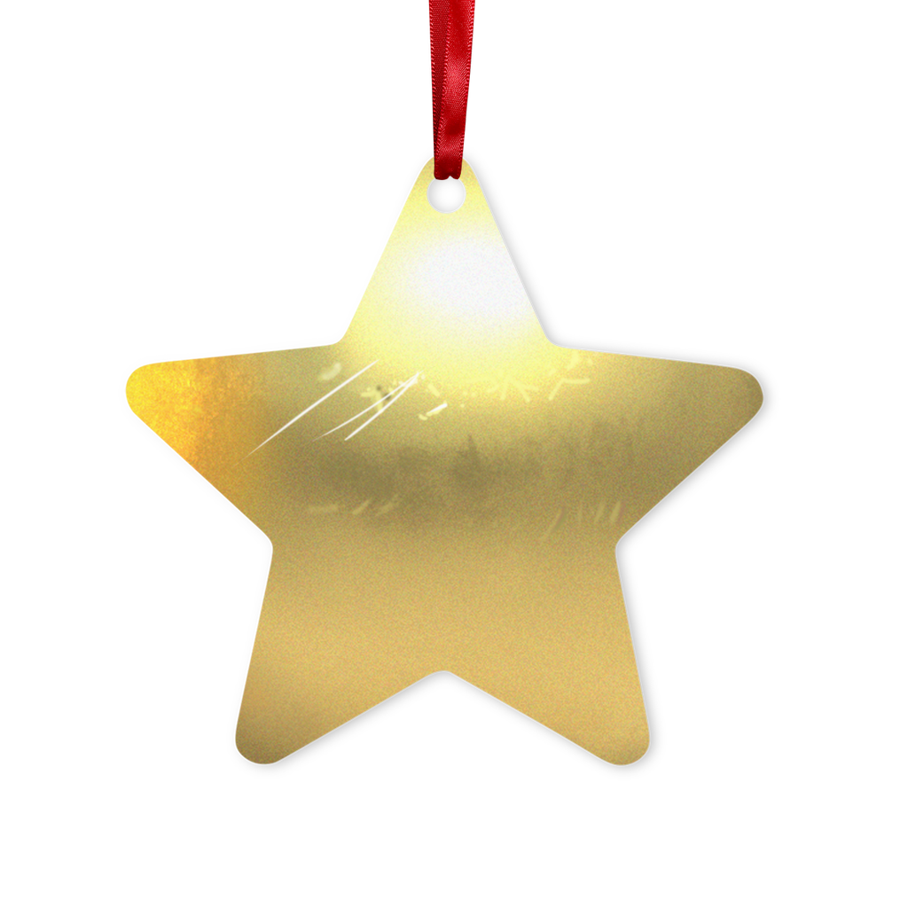 Gold Metal Hanging Ornament in hexagon and star shapes, featuring a glossy white finish and red ribbon for hanging.