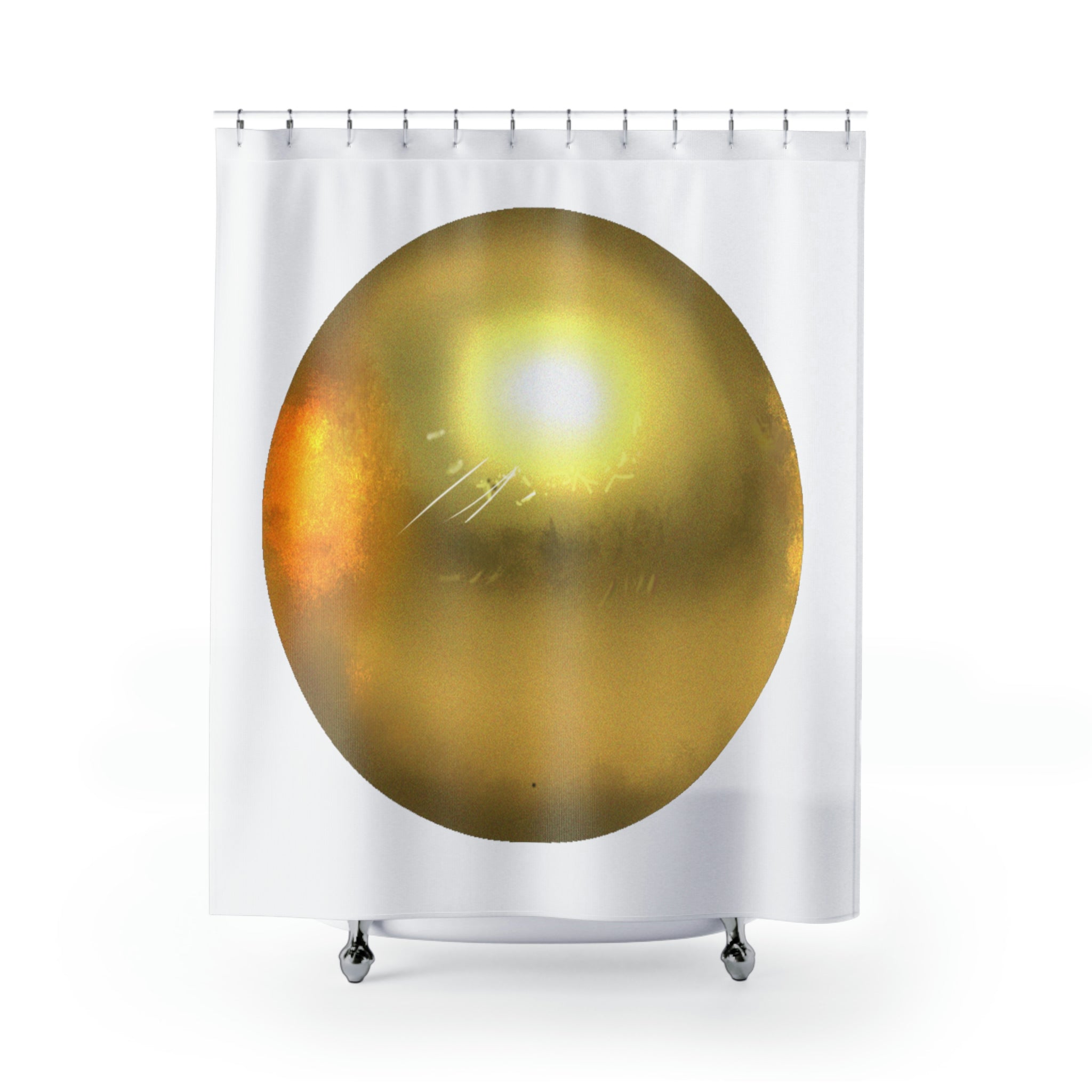 Elegant gold shower curtain made of durable polyester, featuring a vibrant one-sided print, perfect for bathroom decor.