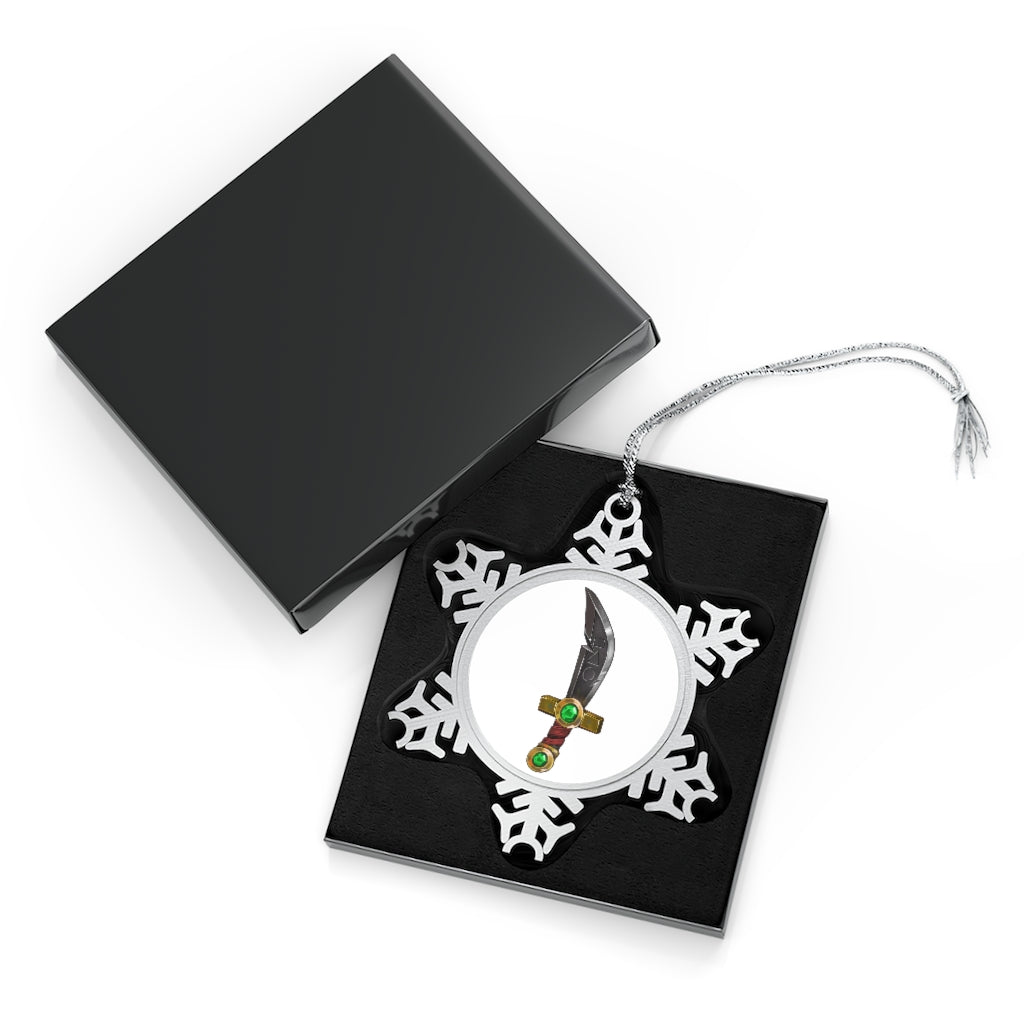 Gold Sword Pewter Snowflake Ornament with silver-toned hanging string, showcasing intricate snowflake design.