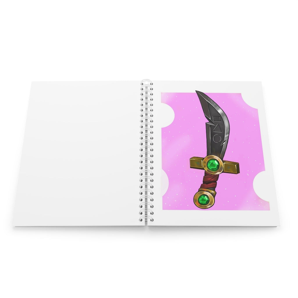 Gold Sword Spiral Notebook with customizable covers and wide-ruled pages, featuring a semi-glossy laminated finish.