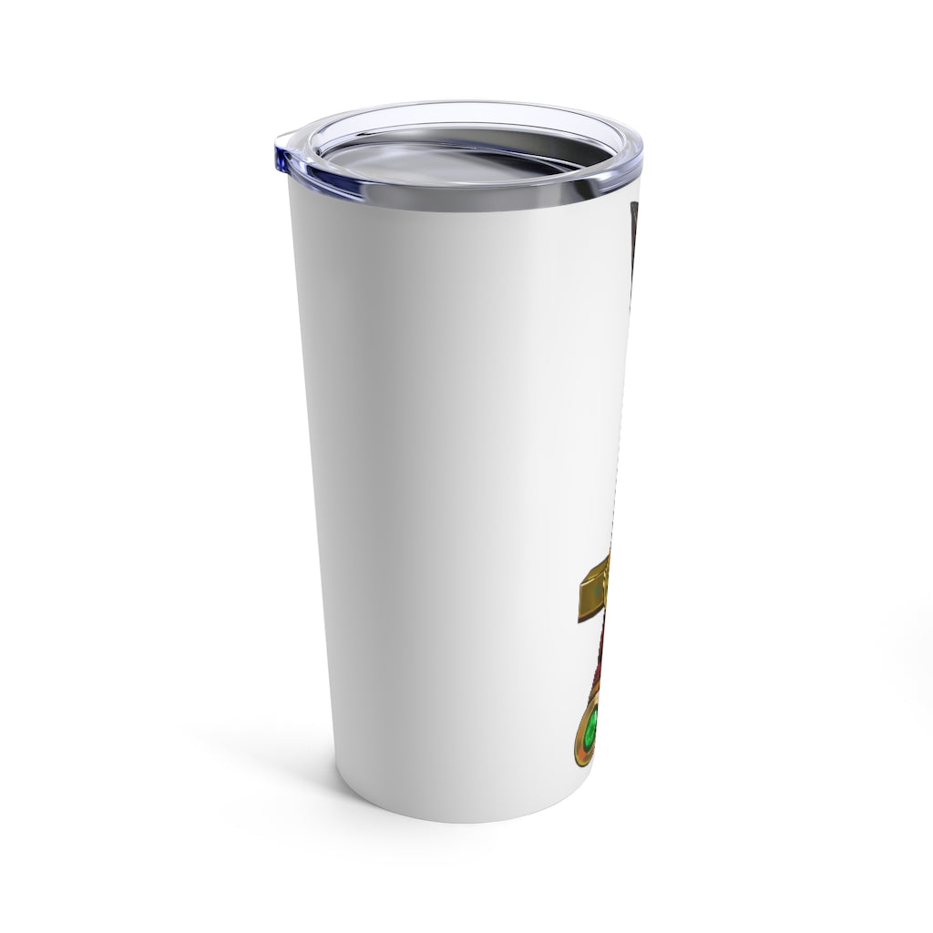 Gold Sword Tumbler 20oz made of stainless steel with a see-thru plastic lid, featuring a stylish gold sword design.