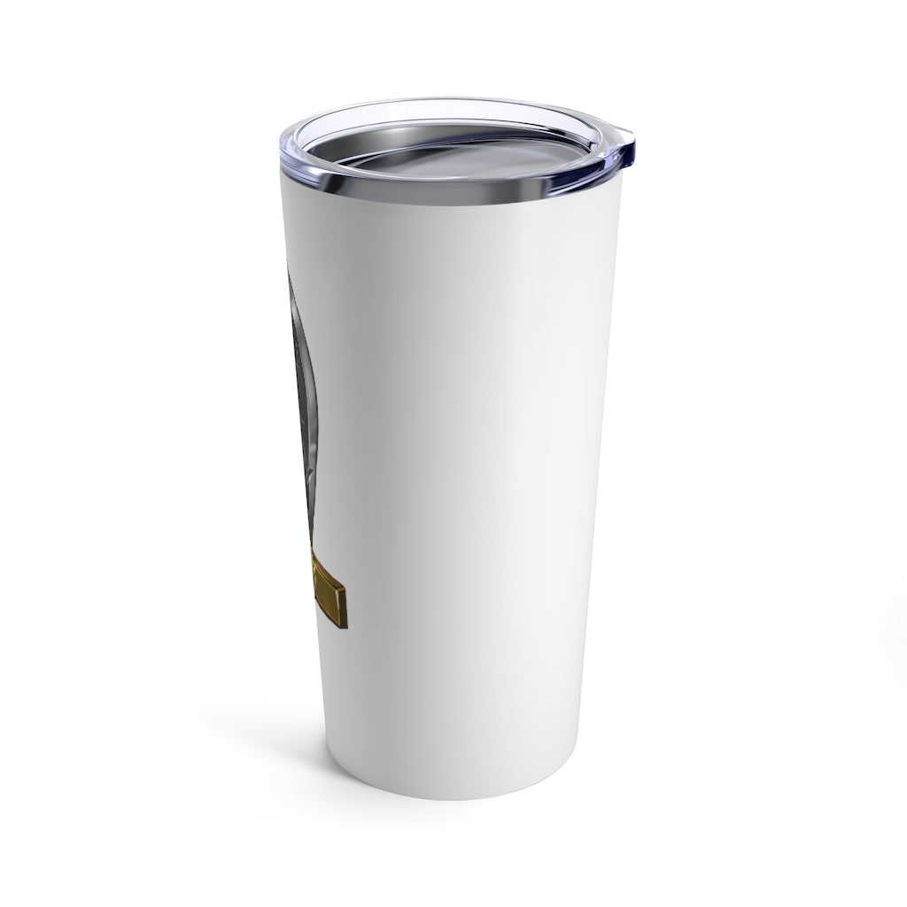 Gold Sword Tumbler 20oz made of stainless steel with a see-thru plastic lid, featuring a stylish gold sword design.