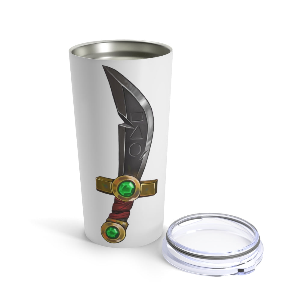 Gold Sword Tumbler 20oz made of stainless steel with a see-thru plastic lid, featuring a stylish gold sword design.