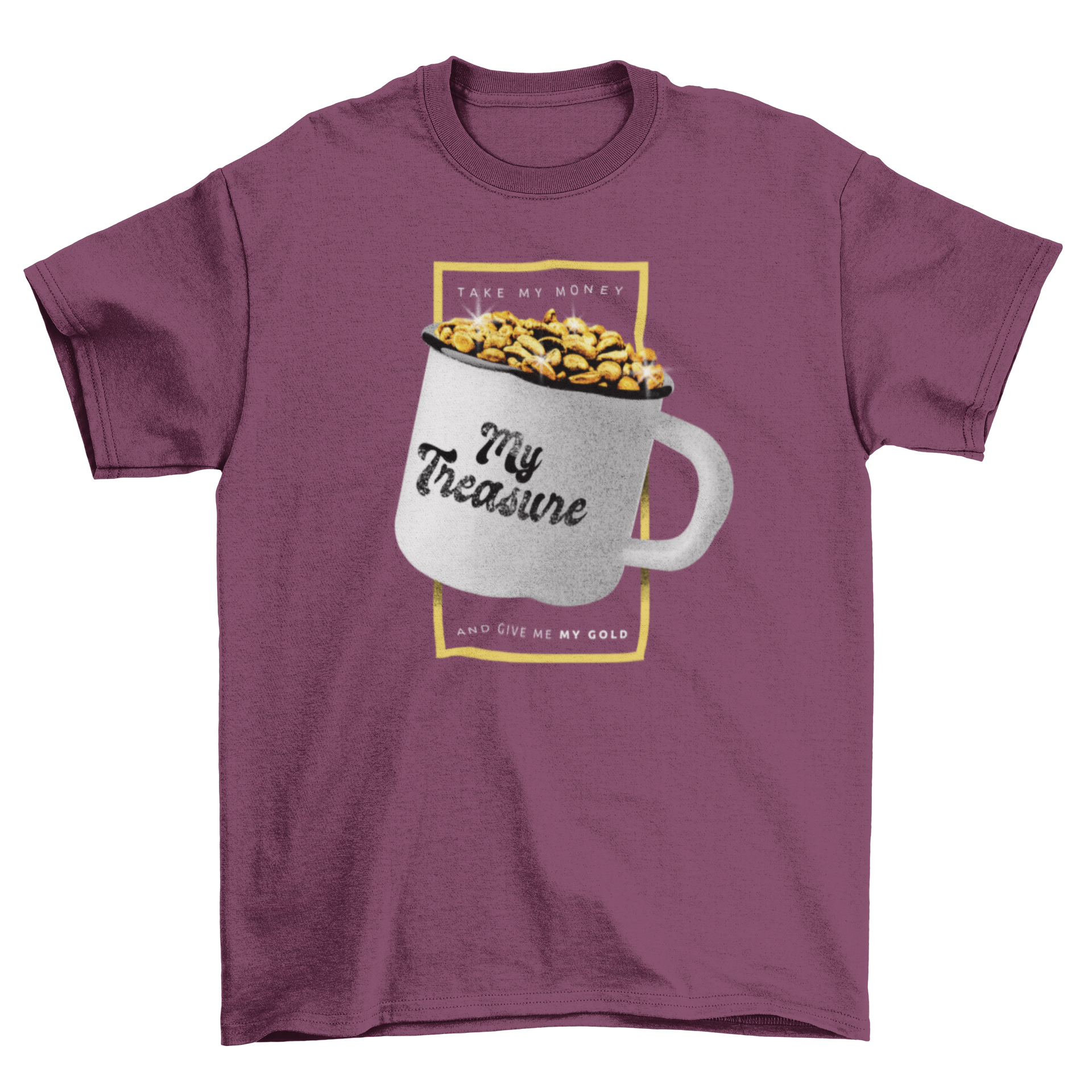 A stylish t-shirt featuring a cup filled with golden coffee beans and the quote 'My treasure'.