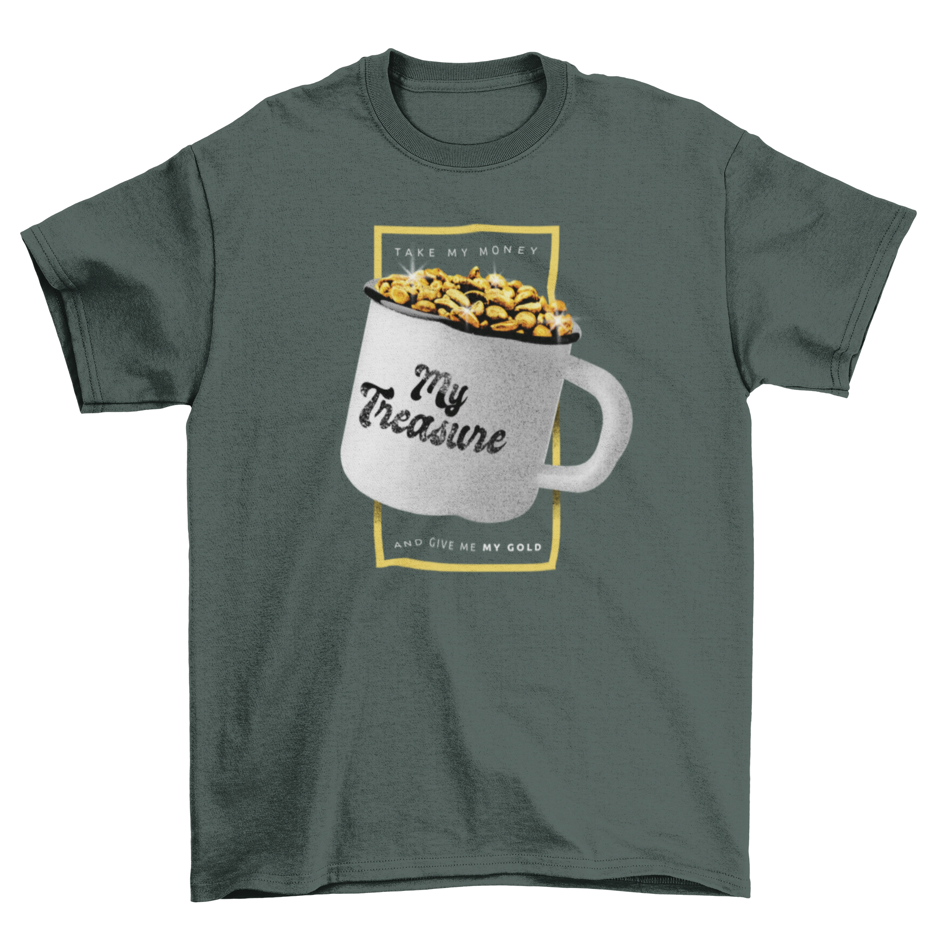 A stylish t-shirt featuring a cup filled with golden coffee beans and the quote 'My treasure'.