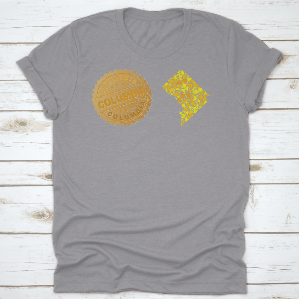 A stylish garment featuring a golden composition of yellow particles and a gold metallic stamp, showcasing its elegant design.