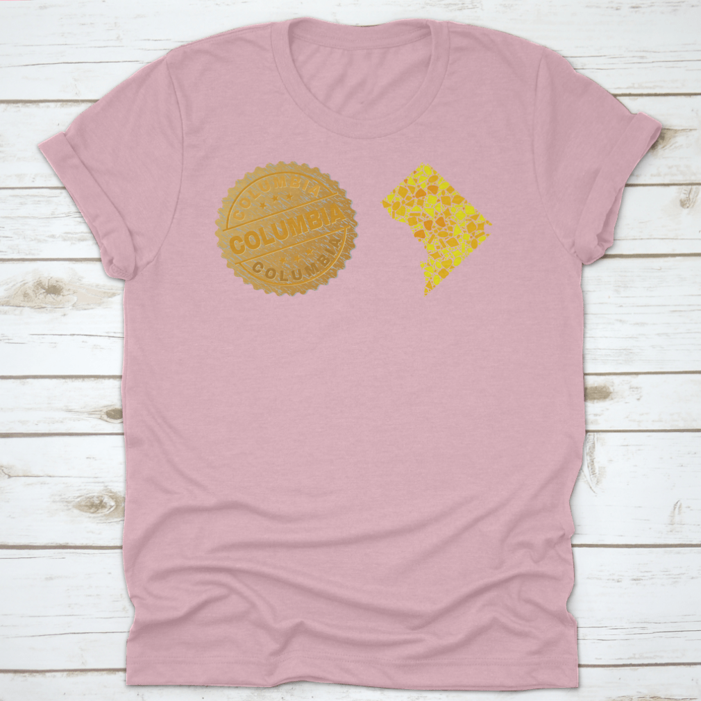 A stylish garment featuring a golden composition of yellow particles and a gold metallic stamp, showcasing its elegant design.