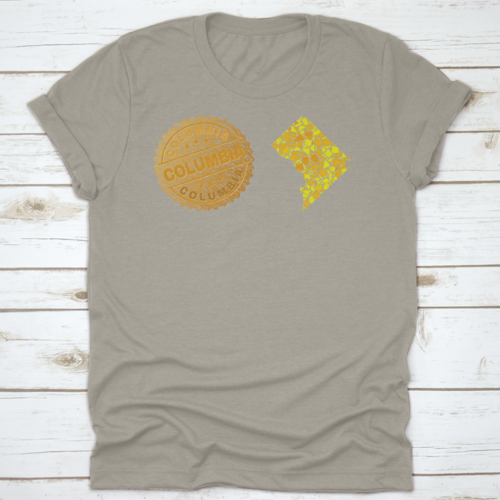 A stylish garment featuring a golden composition of yellow particles and a gold metallic stamp, showcasing its elegant design.