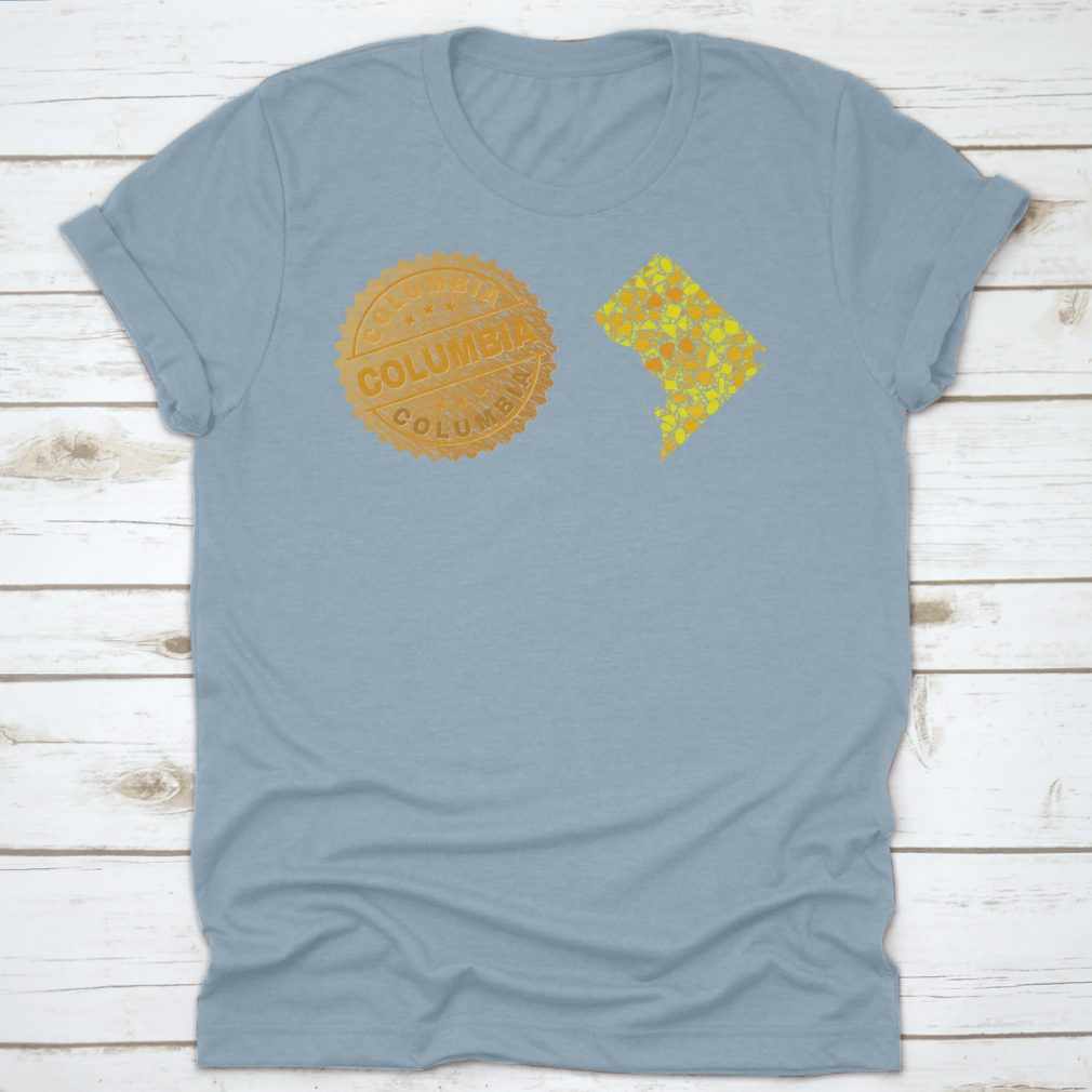 A stylish garment featuring a golden composition of yellow particles and a gold metallic stamp, showcasing its elegant design.