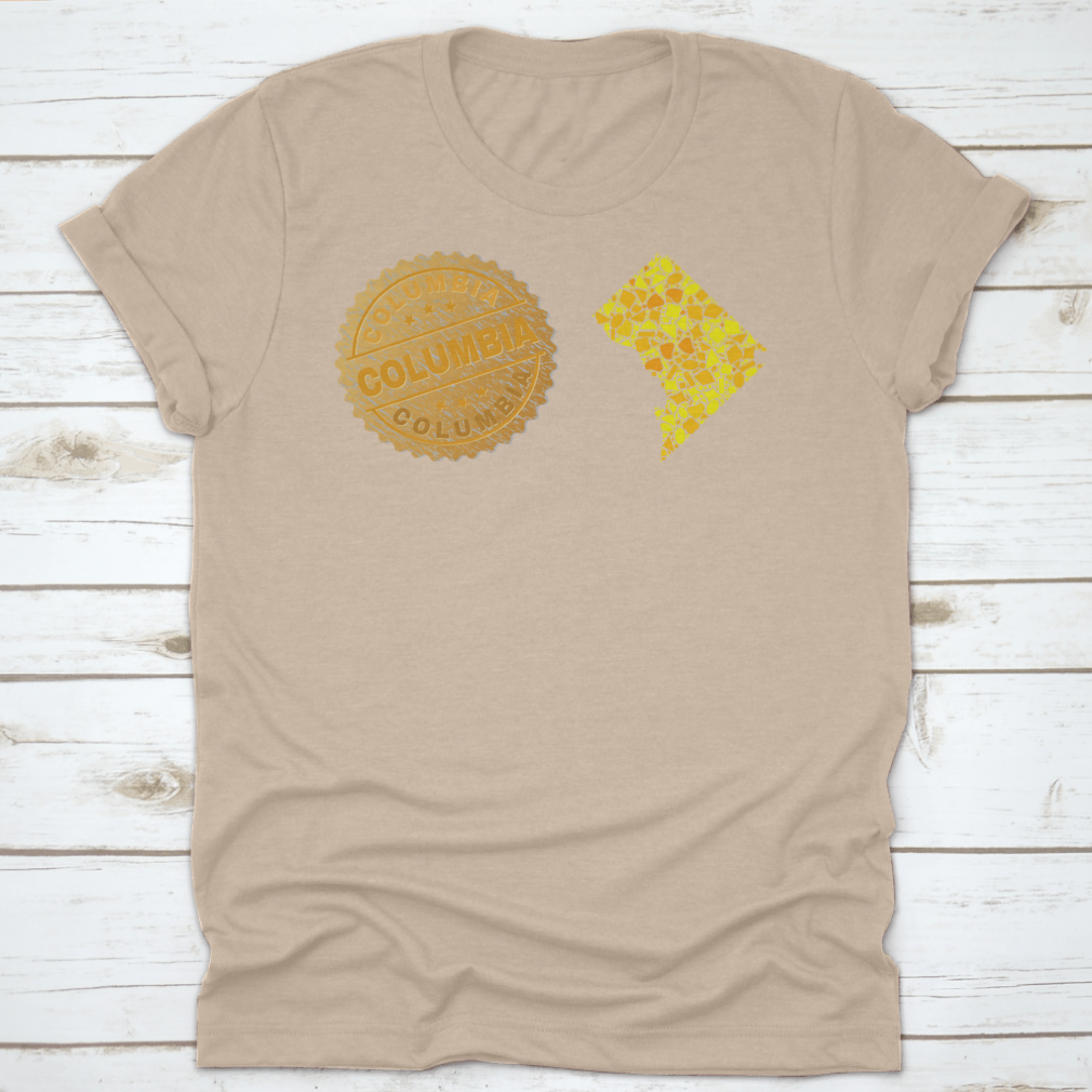 A stylish garment featuring a golden composition of yellow particles and a gold metallic stamp, showcasing its elegant design.