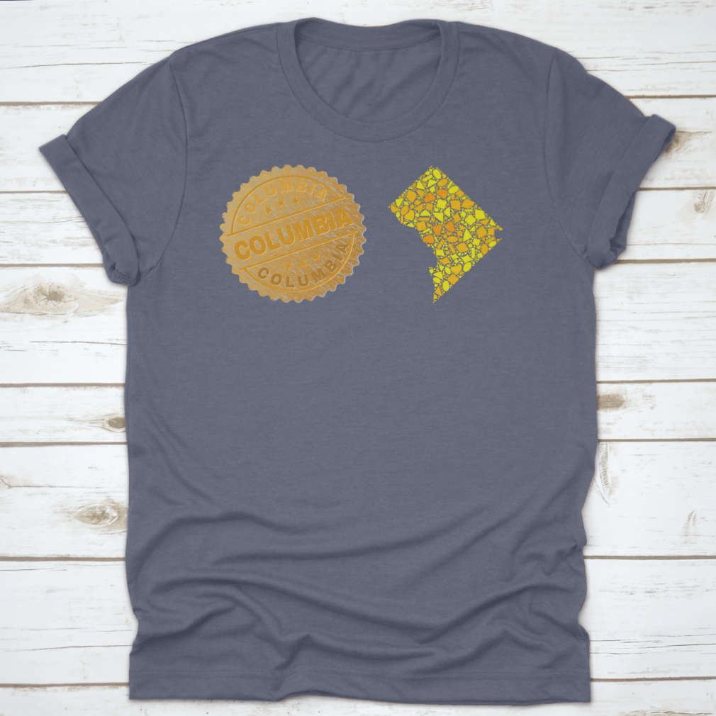 A stylish garment featuring a golden composition of yellow particles and a gold metallic stamp, showcasing its elegant design.