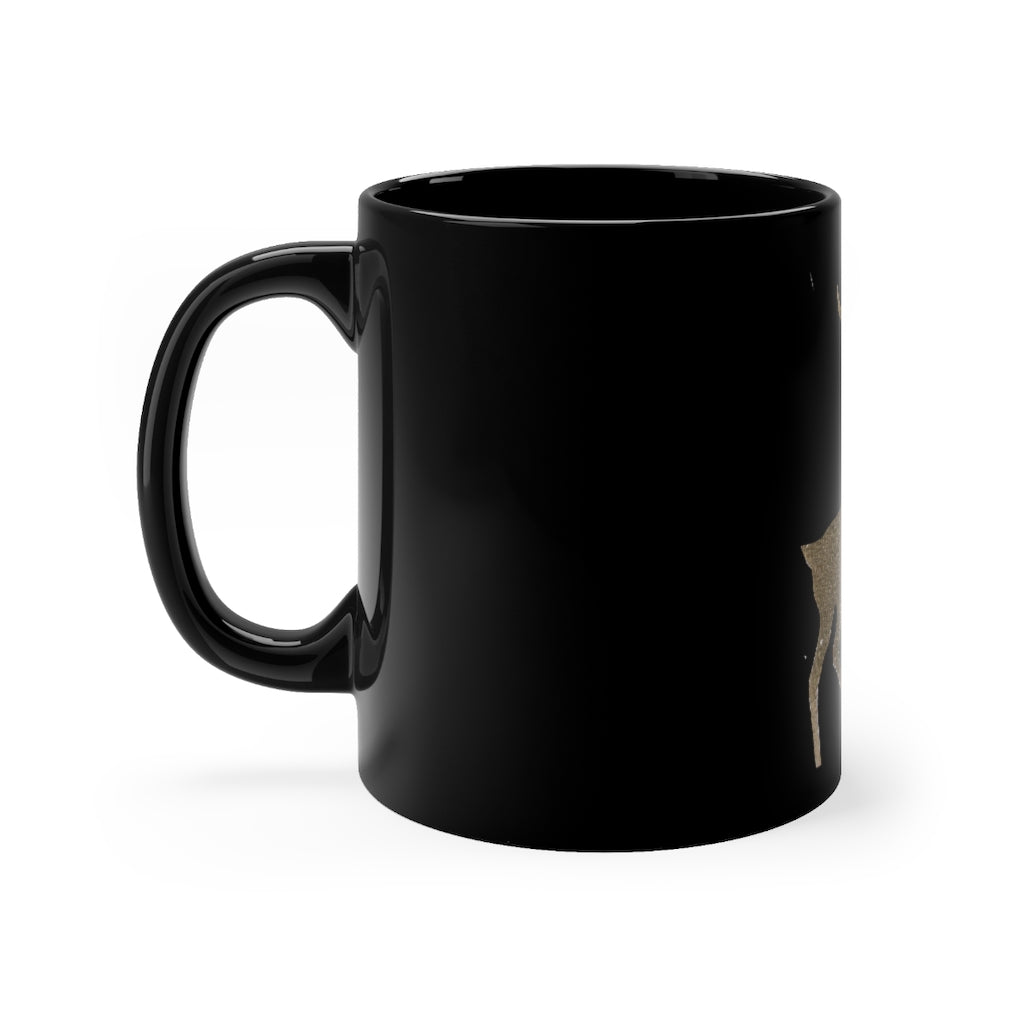 Golden Deer Black mug, 11oz ceramic with rounded corners and C-handle, featuring a sleek black finish.