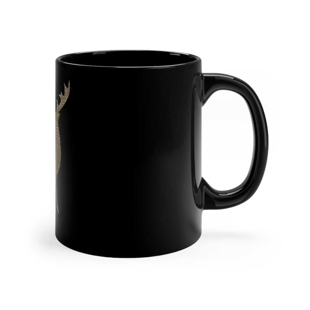 Golden Deer Black mug, 11oz ceramic with rounded corners and C-handle, featuring a sleek black finish.