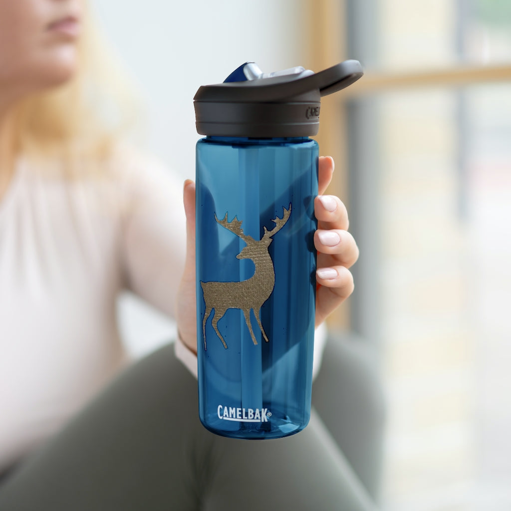 Golden Deer CamelBak Eddy® Water Bottle in 20oz and 25oz sizes, showcasing robust Tritan™ material and spill-proof design.