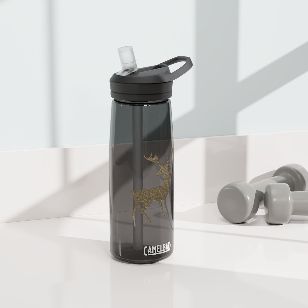 Golden Deer CamelBak Eddy® Water Bottle in 20oz and 25oz sizes, showcasing robust Tritan™ material and spill-proof design.