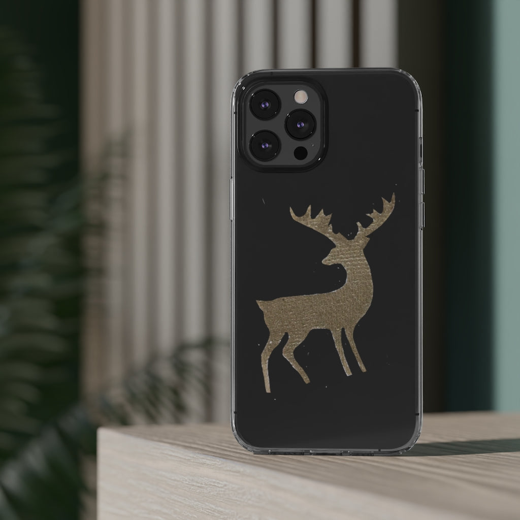 Golden Deer Clear Case showcasing its crystal clear polycarbonate design with cushioned TPU edges, ideal for smartphone protection.