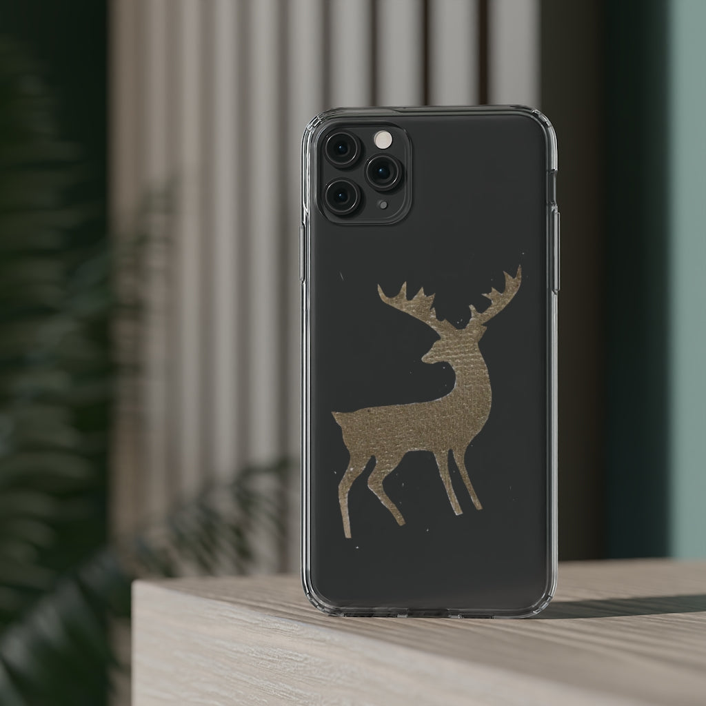 Golden Deer Clear Case showcasing its crystal clear polycarbonate design with cushioned TPU edges, ideal for smartphone protection.