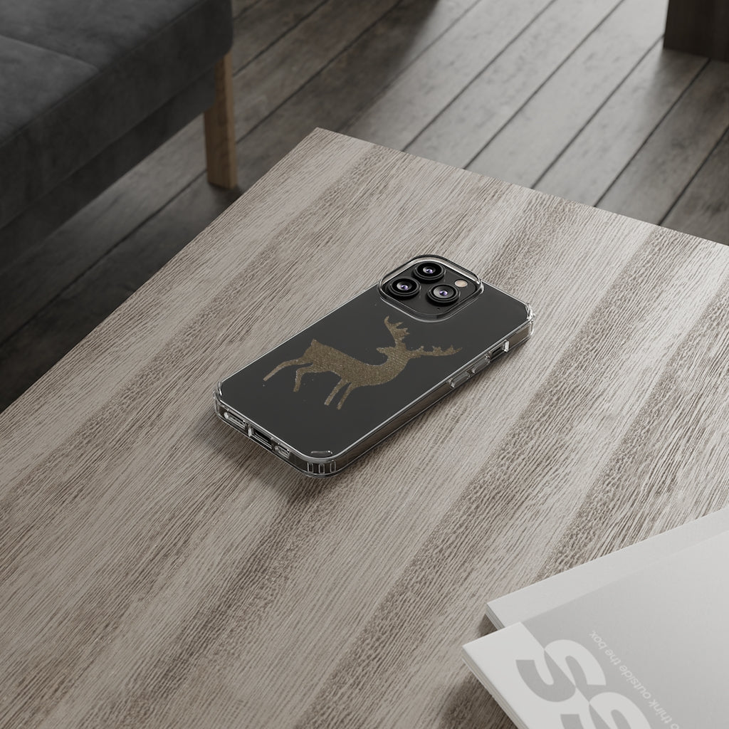 Golden Deer Clear Case showcasing its crystal clear polycarbonate design with cushioned TPU edges, ideal for smartphone protection.