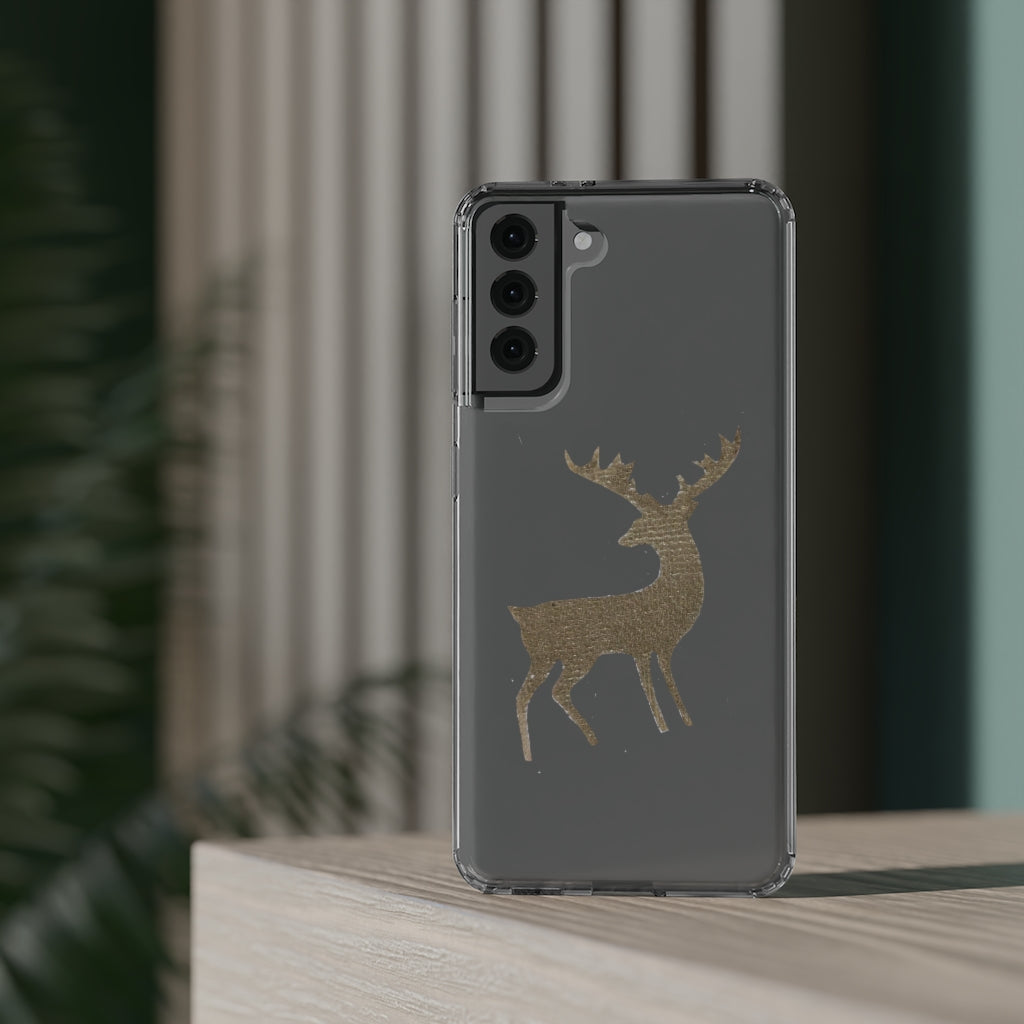 Golden Deer Clear Case showcasing its crystal clear polycarbonate design with cushioned TPU edges, ideal for smartphone protection.