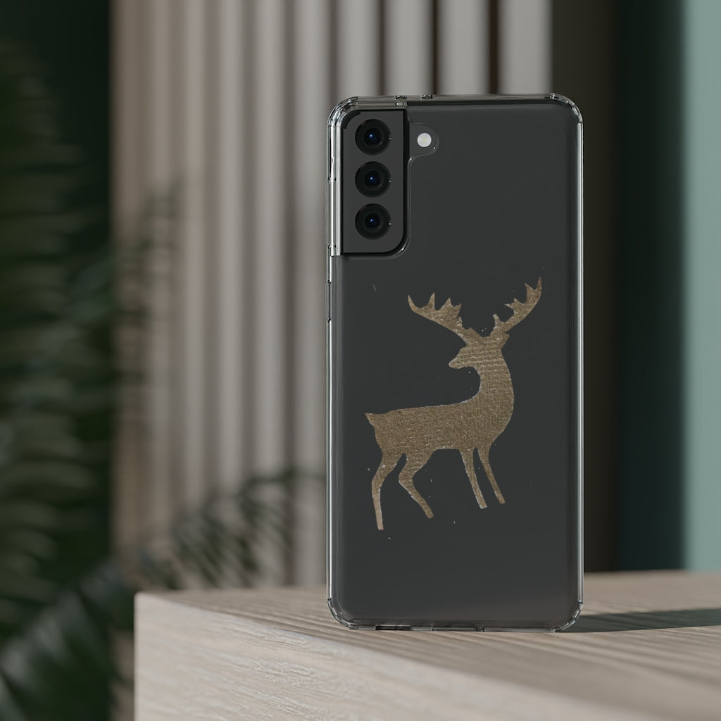 Golden Deer Clear Case showcasing its crystal clear polycarbonate design with cushioned TPU edges, ideal for smartphone protection.