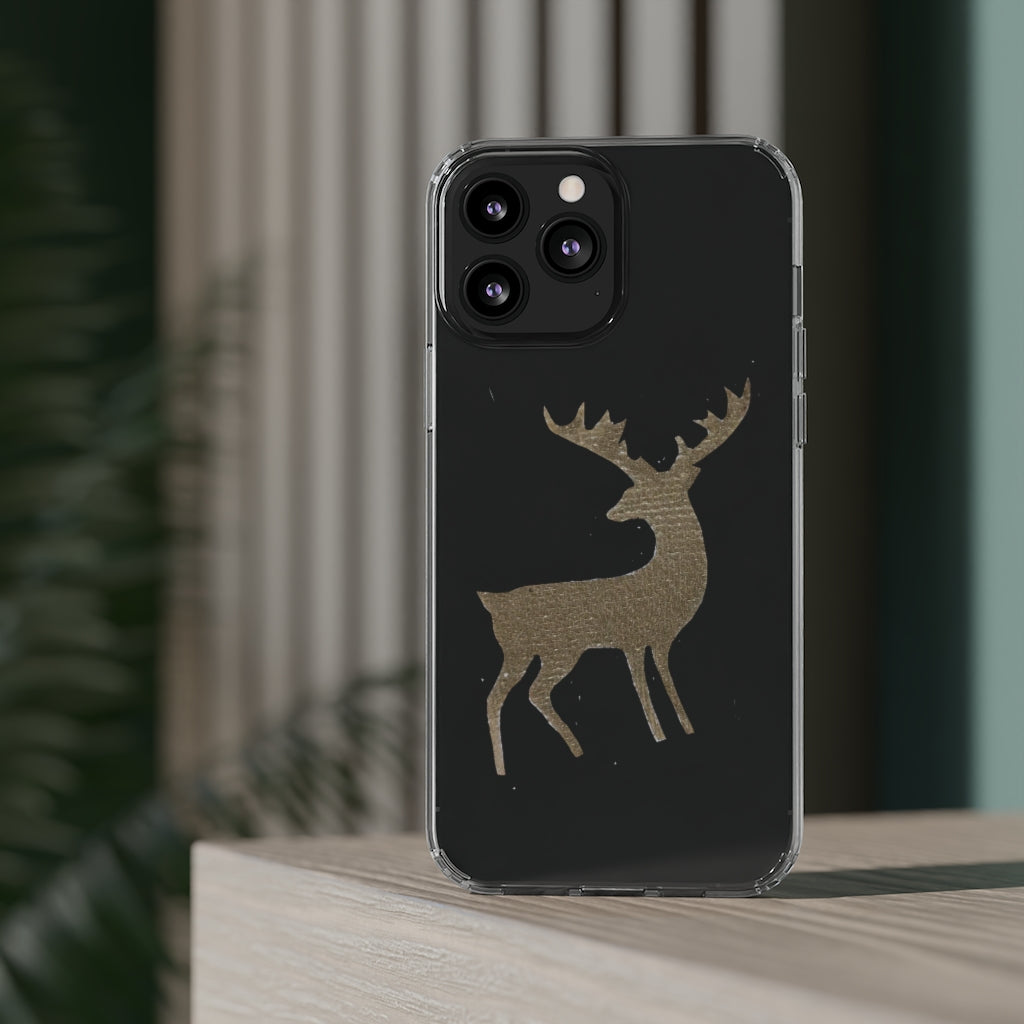 Golden Deer Clear Case showcasing its crystal clear polycarbonate design with cushioned TPU edges, ideal for smartphone protection.