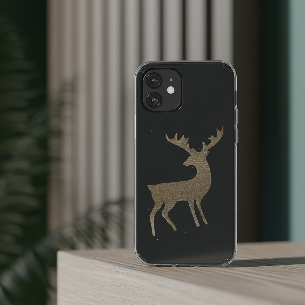 Golden Deer Clear Case showcasing its crystal clear polycarbonate design with cushioned TPU edges, ideal for smartphone protection.