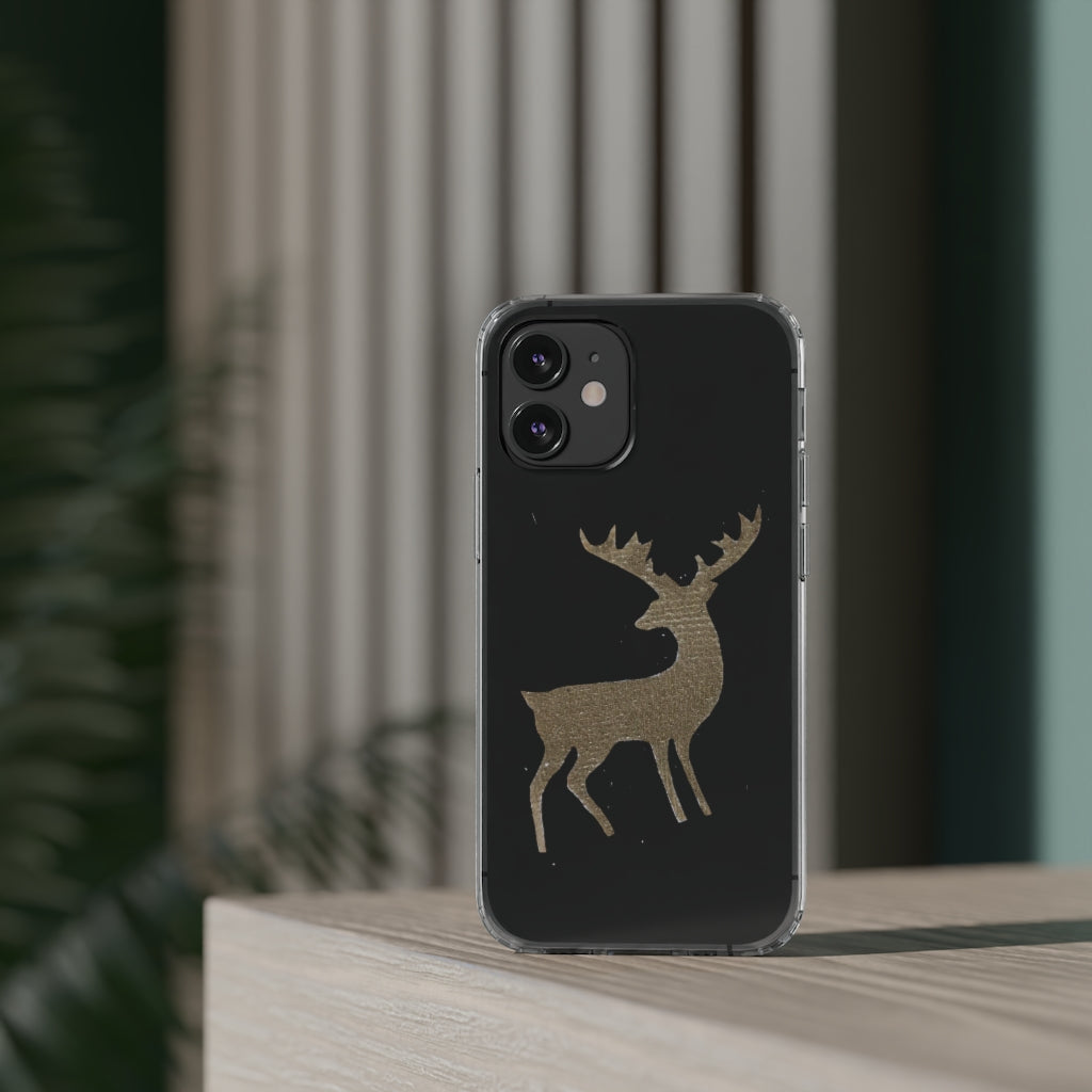 Golden Deer Clear Case showcasing its crystal clear polycarbonate design with cushioned TPU edges, ideal for smartphone protection.