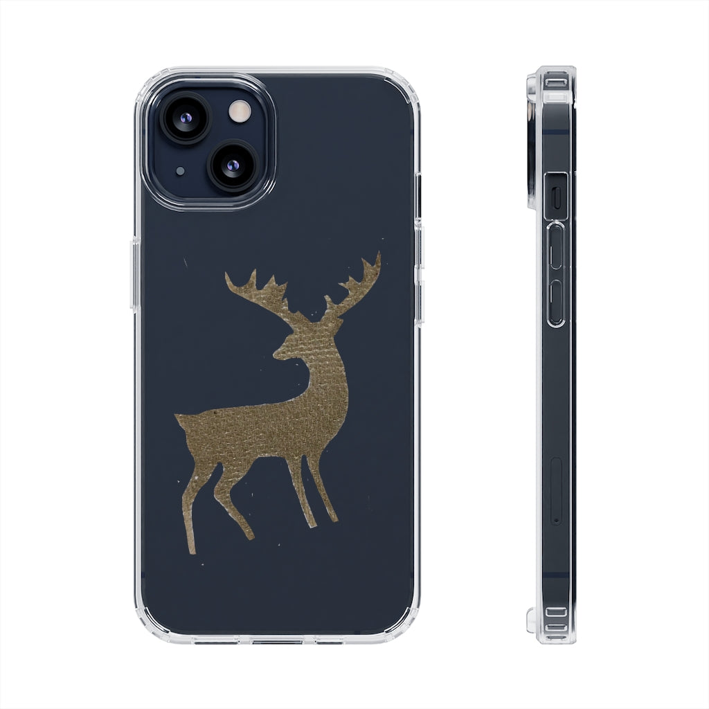 Golden Deer Clear Case showcasing its crystal clear polycarbonate design with cushioned TPU edges, ideal for smartphone protection.