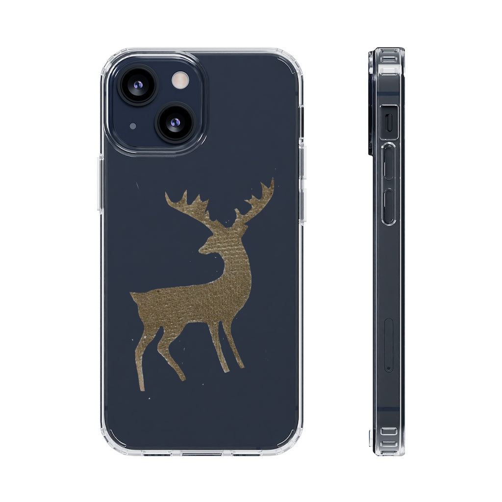 Golden Deer Clear Case showcasing its crystal clear polycarbonate design with cushioned TPU edges, ideal for smartphone protection.