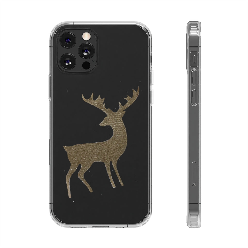 Golden Deer Clear Case showcasing its crystal clear polycarbonate design with cushioned TPU edges, ideal for smartphone protection.