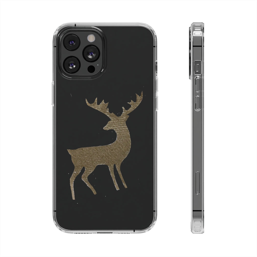 Golden Deer Clear Case showcasing its crystal clear polycarbonate design with cushioned TPU edges, ideal for smartphone protection.