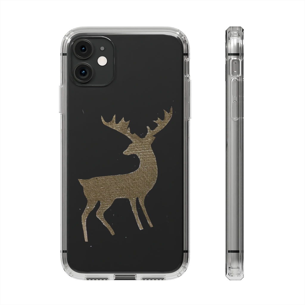 Golden Deer Clear Case showcasing its crystal clear polycarbonate design with cushioned TPU edges, ideal for smartphone protection.