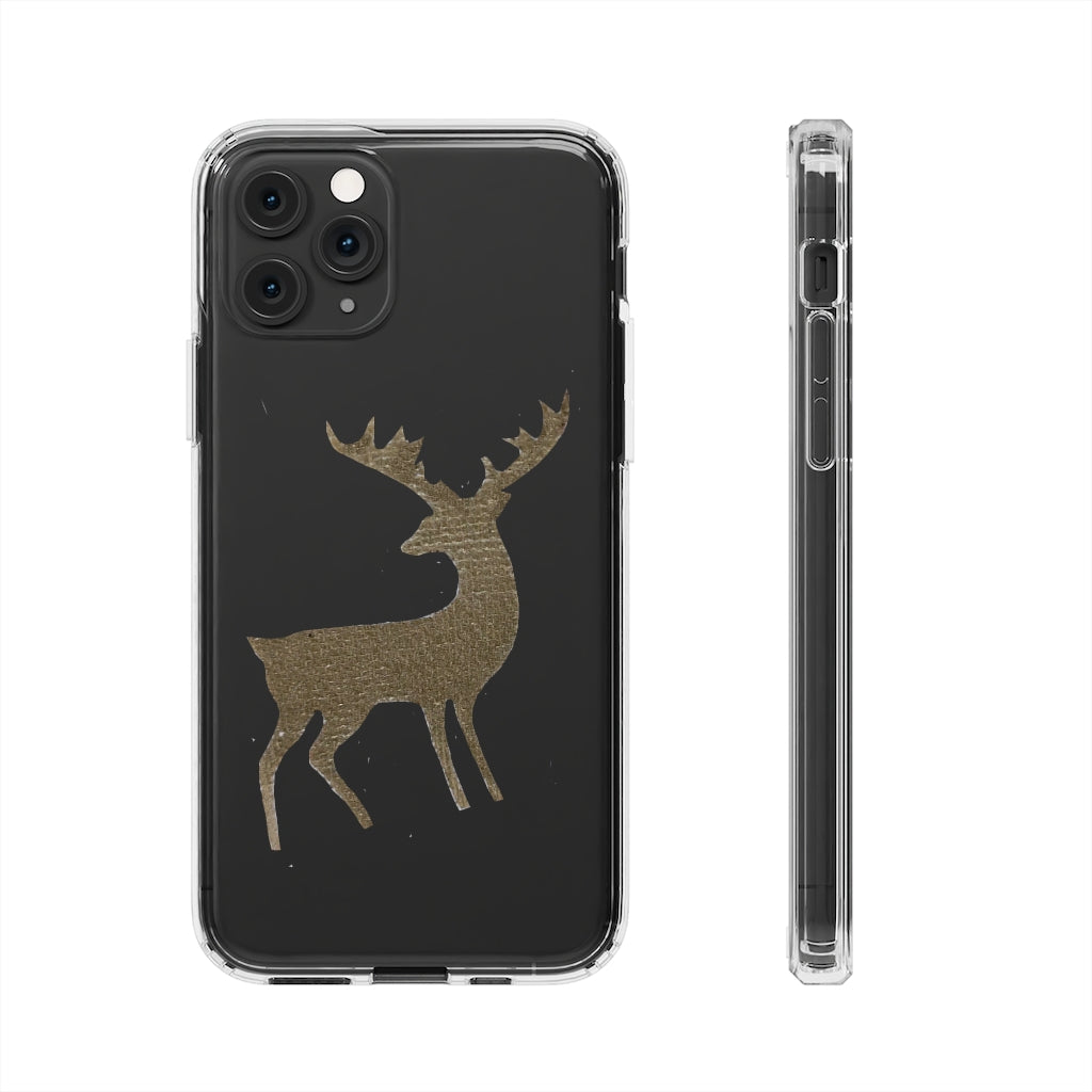 Golden Deer Clear Case showcasing its crystal clear polycarbonate design with cushioned TPU edges, ideal for smartphone protection.