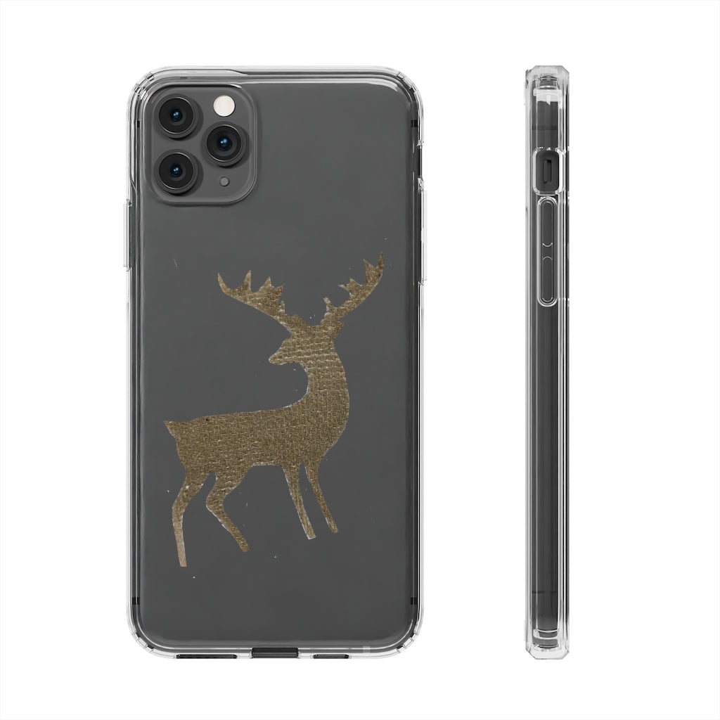 Golden Deer Clear Case showcasing its crystal clear polycarbonate design with cushioned TPU edges, ideal for smartphone protection.