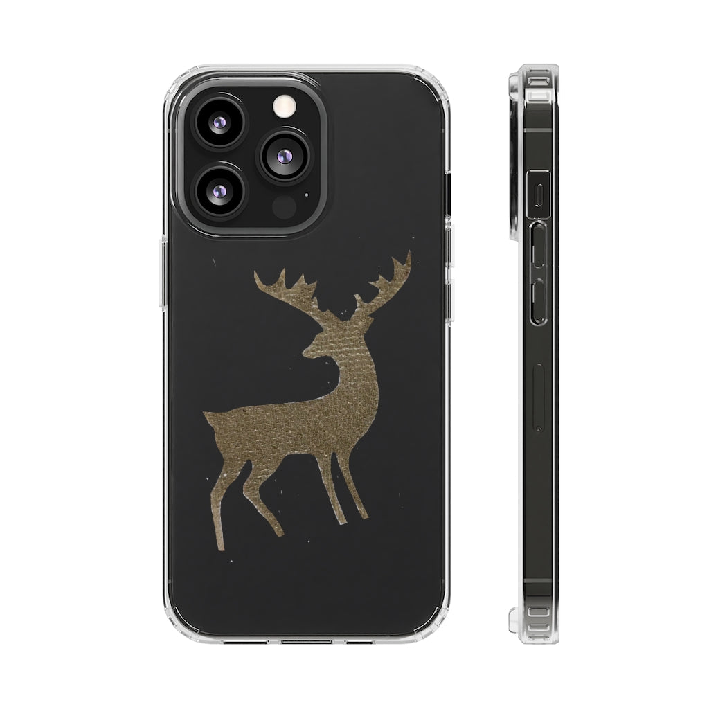 Golden Deer Clear Case showcasing its crystal clear polycarbonate design with cushioned TPU edges, ideal for smartphone protection.