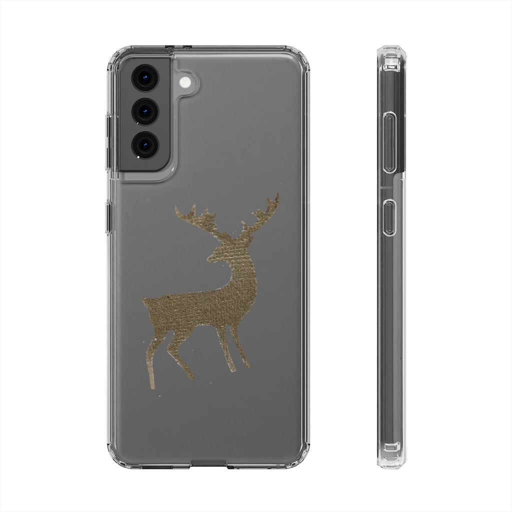 Golden Deer Clear Case showcasing its crystal clear polycarbonate design with cushioned TPU edges, ideal for smartphone protection.