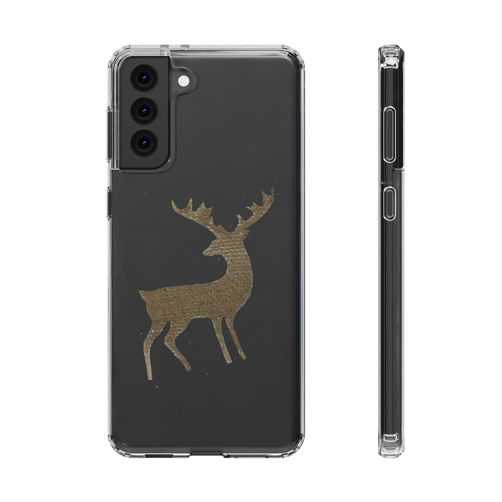 Golden Deer Clear Case showcasing its crystal clear polycarbonate design with cushioned TPU edges, ideal for smartphone protection.