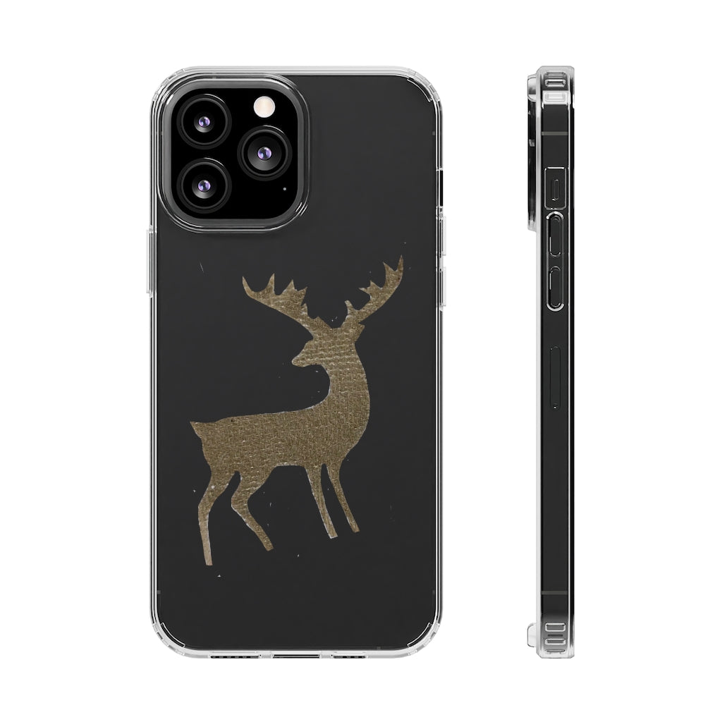 Golden Deer Clear Case showcasing its crystal clear polycarbonate design with cushioned TPU edges, ideal for smartphone protection.