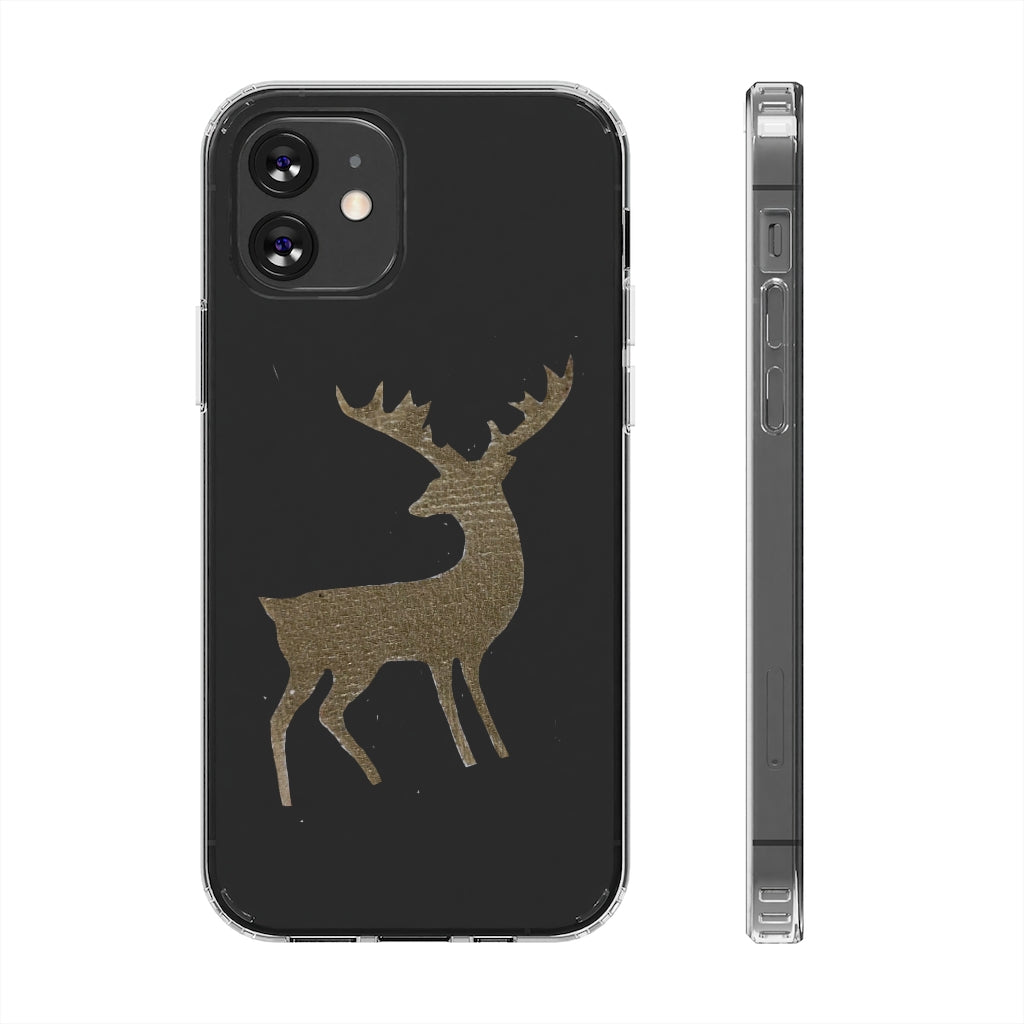 Golden Deer Clear Case showcasing its crystal clear polycarbonate design with cushioned TPU edges, ideal for smartphone protection.