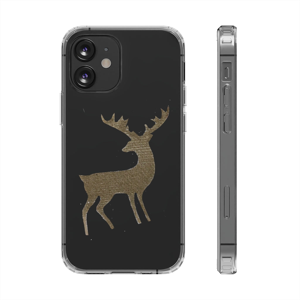 Golden Deer Clear Case showcasing its crystal clear polycarbonate design with cushioned TPU edges, ideal for smartphone protection.