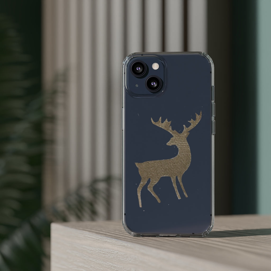 Golden Deer Clear Case showcasing its crystal clear polycarbonate design with cushioned TPU edges, ideal for smartphone protection.