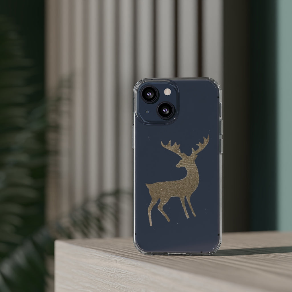 Golden Deer Clear Case showcasing its crystal clear polycarbonate design with cushioned TPU edges, ideal for smartphone protection.