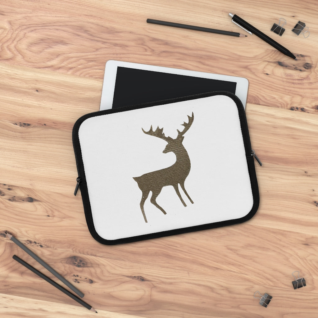 Golden Deer Laptop Sleeve featuring a customizable front design and solid black back, made from water-resistant neoprene material.