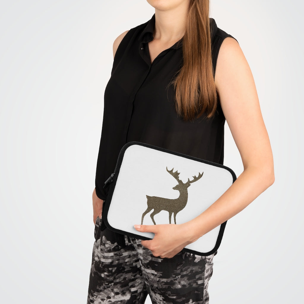 Golden Deer Laptop Sleeve featuring a customizable front design and solid black back, made from water-resistant neoprene material.