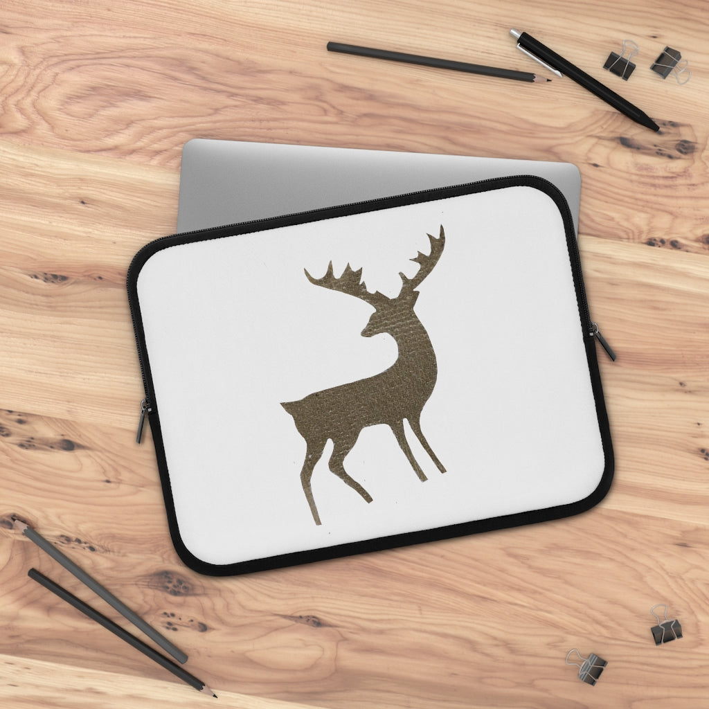 Golden Deer Laptop Sleeve featuring a customizable front design and solid black back, made from water-resistant neoprene material.