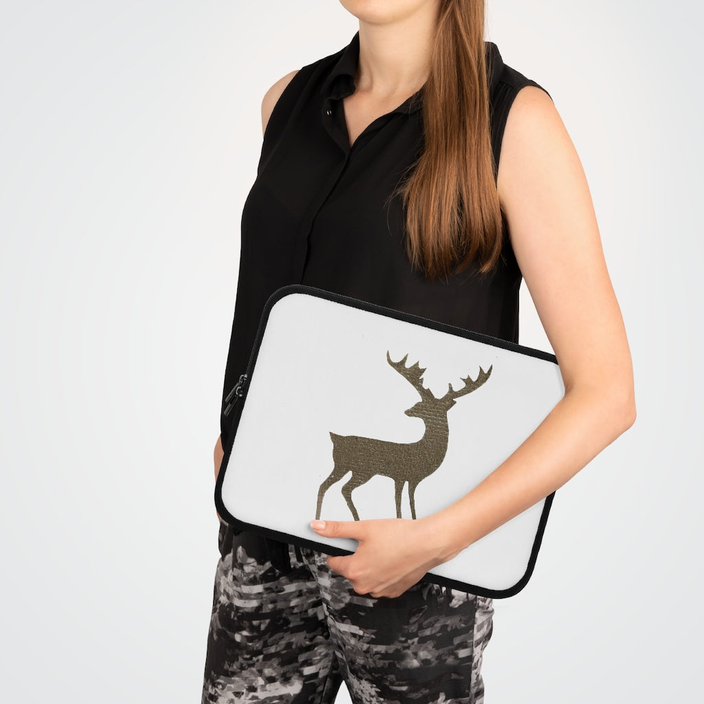 Golden Deer Laptop Sleeve featuring a customizable front design and solid black back, made from water-resistant neoprene material.