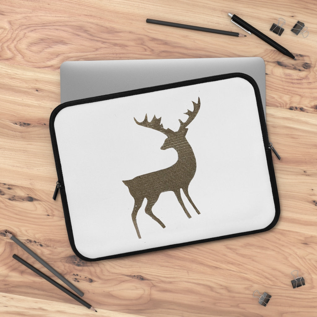 Golden Deer Laptop Sleeve featuring a customizable front design and solid black back, made from water-resistant neoprene material.