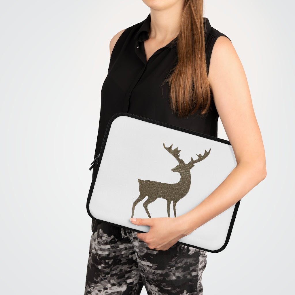 Golden Deer Laptop Sleeve featuring a customizable front design and solid black back, made from water-resistant neoprene material.